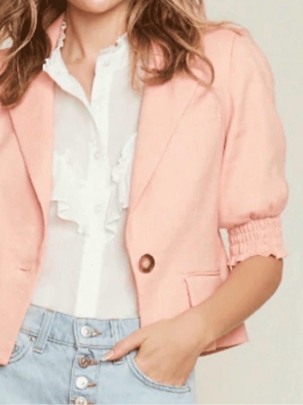 Veronica Beard Peach-Pink Cropped Puff Sleeve Blazer